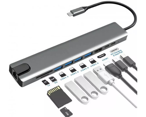 USB хаб перехідник для ноутбука USB C to HDMI 4xUSB 3.0 PD type cx2 SD TF card reader Ethernet RJ45 10в1